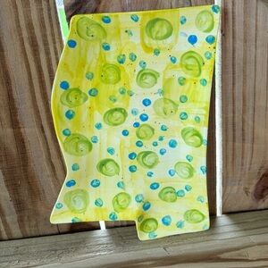 Hand Painted Yellow Blue & Green State of Mississippi Shaped Ceramic Dish